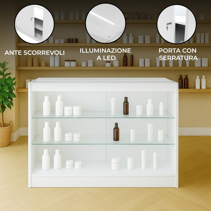 Bancone LED Bianco K1200 con 3 Ripiani, Vetrina e Ante Bloccabili – 2 Chiavi
