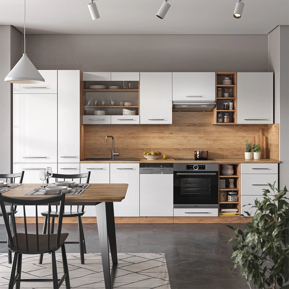 Cucina componibile Fame-Line Bianco lucido/Rovere dorato 355 cm senza piano di lavoro Vicco