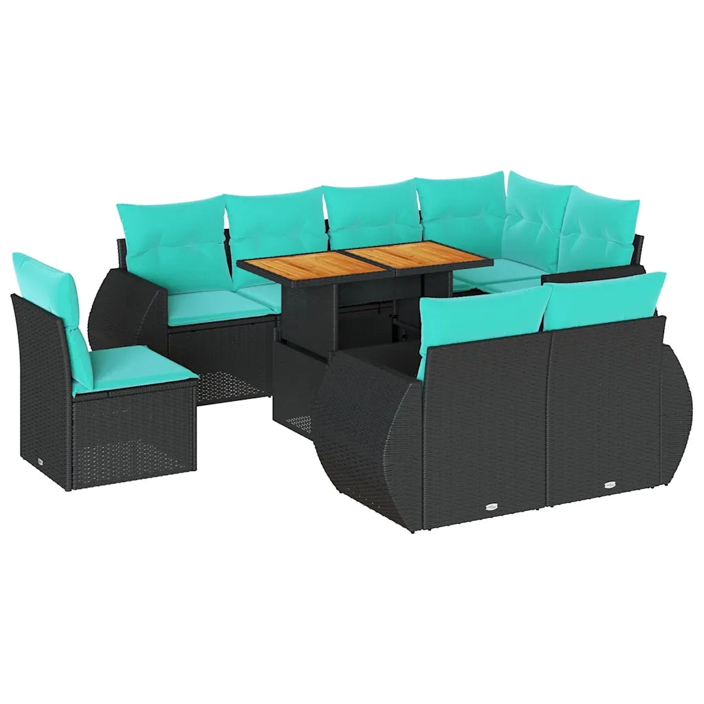 Set Divani da Giardino 9 pz con Cuscini Nero in Polyrattan
