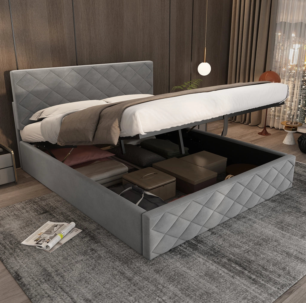 Letto imbottito matrimoniale con contenitore e sollevamento idraulico 140x200 cm; velluto grigio