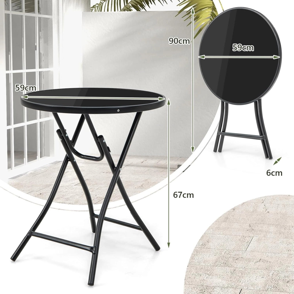 Tavolino Pieghevole da Esterno, Tavolo Rotondo 59 cm, con Ripiano in Vetro Temperato, Struttura Metallica, Portata 50 kg, per Terrazza, Balcone, Giardino, Piscina