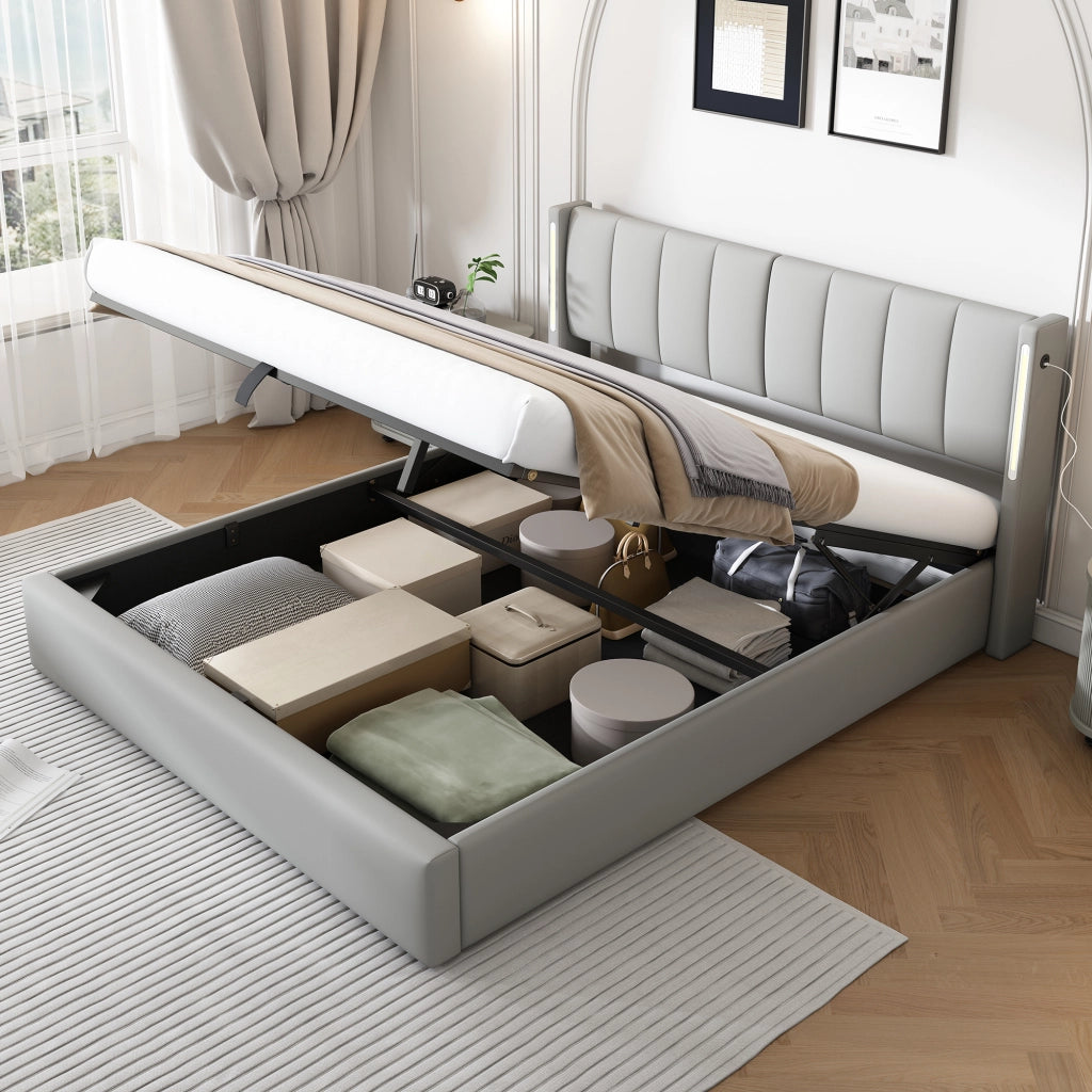Letto imbottito idraulico con LED e USB 180x200 cm in similpelle grigia