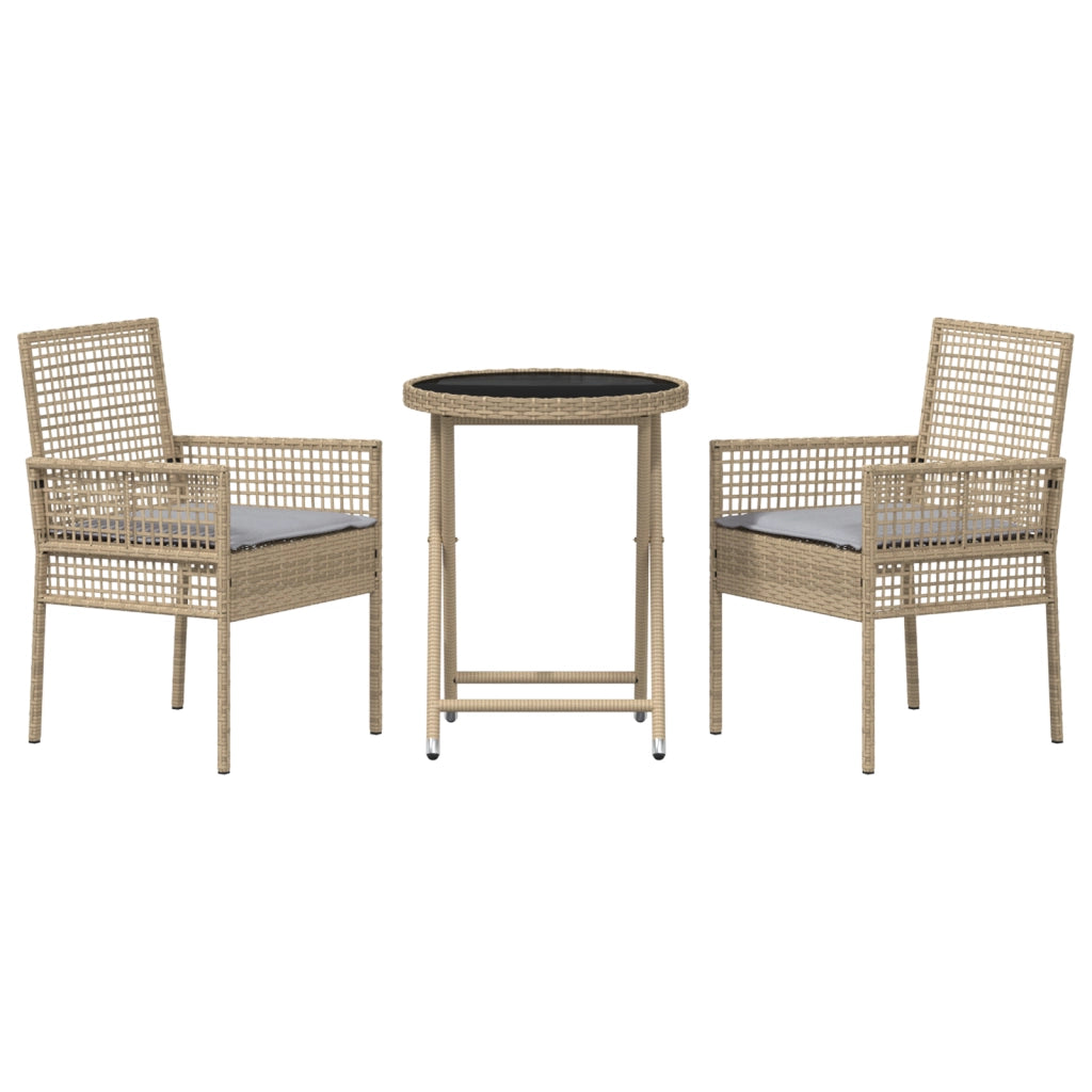Set Bistro da Giardino a 3 Pezzi con Cuscini Beige in Polyrattan