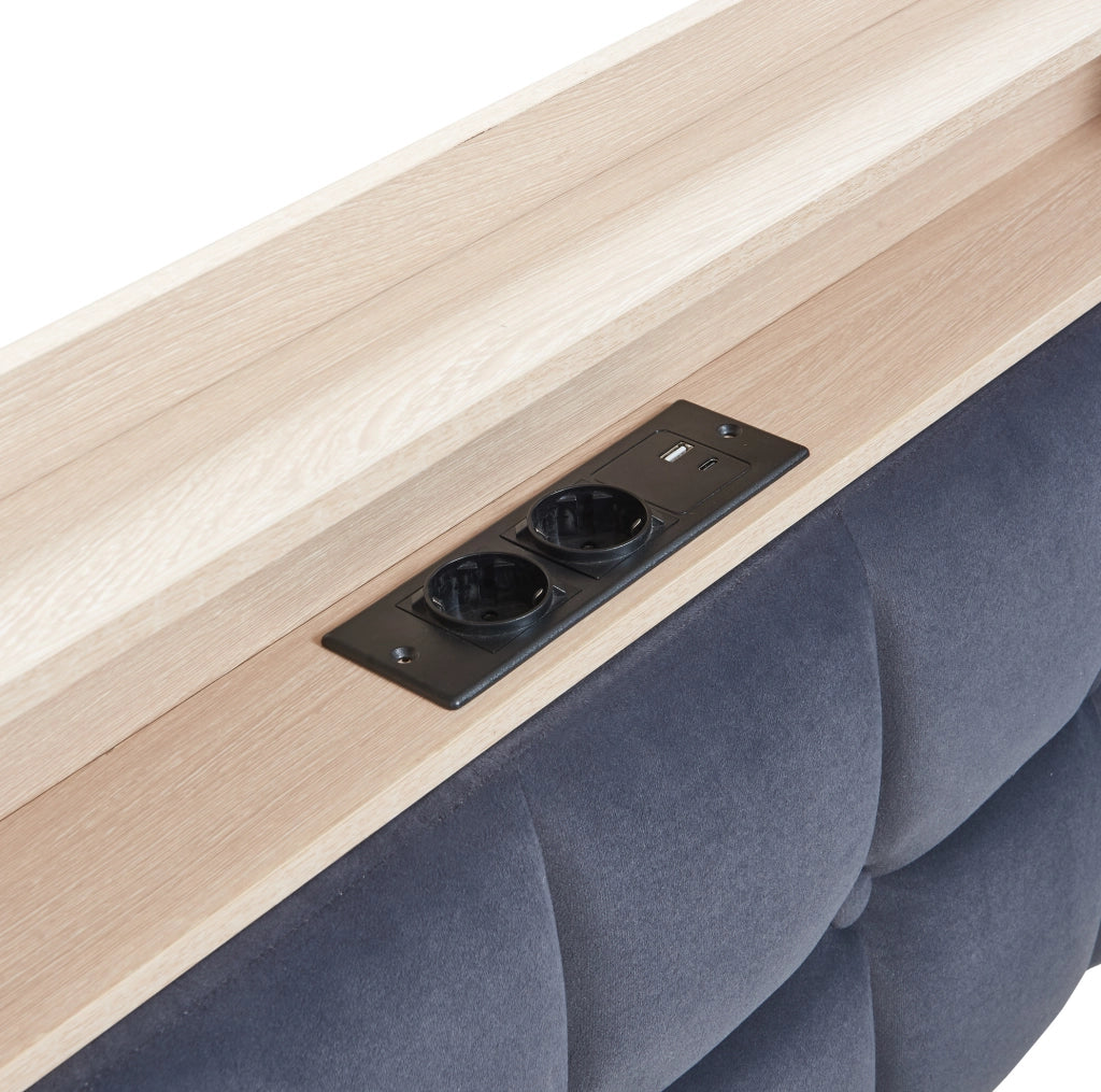 Letto imbottito 90x200 cm con LED; cassetti e USB in tessuto grigio