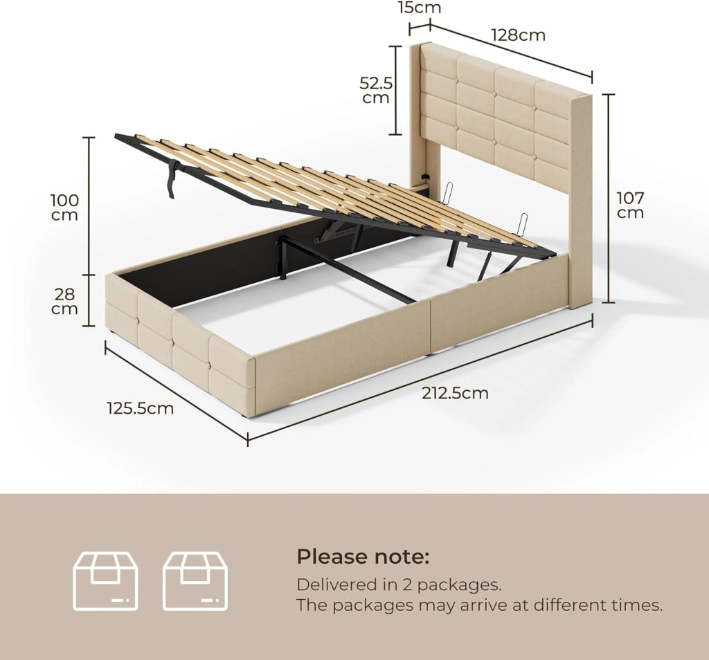 Letto contenitore idraulico 140 x 200CM, letto matrimoniale imbottito con testiera e contenitore, giroletto con rete a doghe, letto per ragazzi, senza materasso (Beige, 120X200)