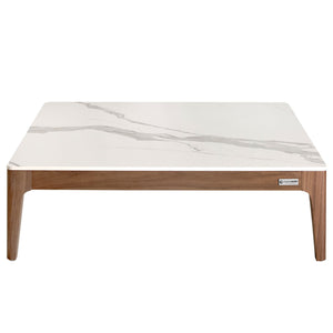 Tavolino quadrato in marmo porcellanato e noce