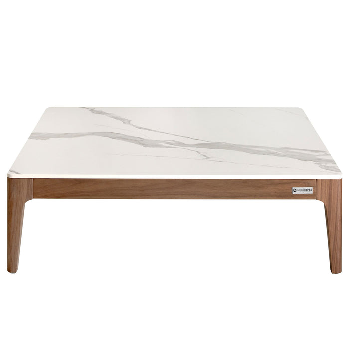 Tavolino quadrato in marmo porcellanato e noce