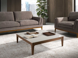 Tavolino quadrato in marmo porcellanato e noce