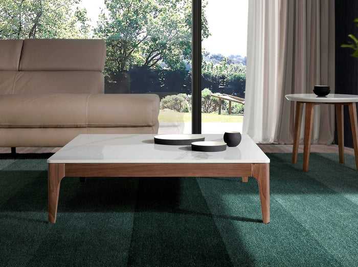 Tavolino quadrato in marmo porcellanato e noce