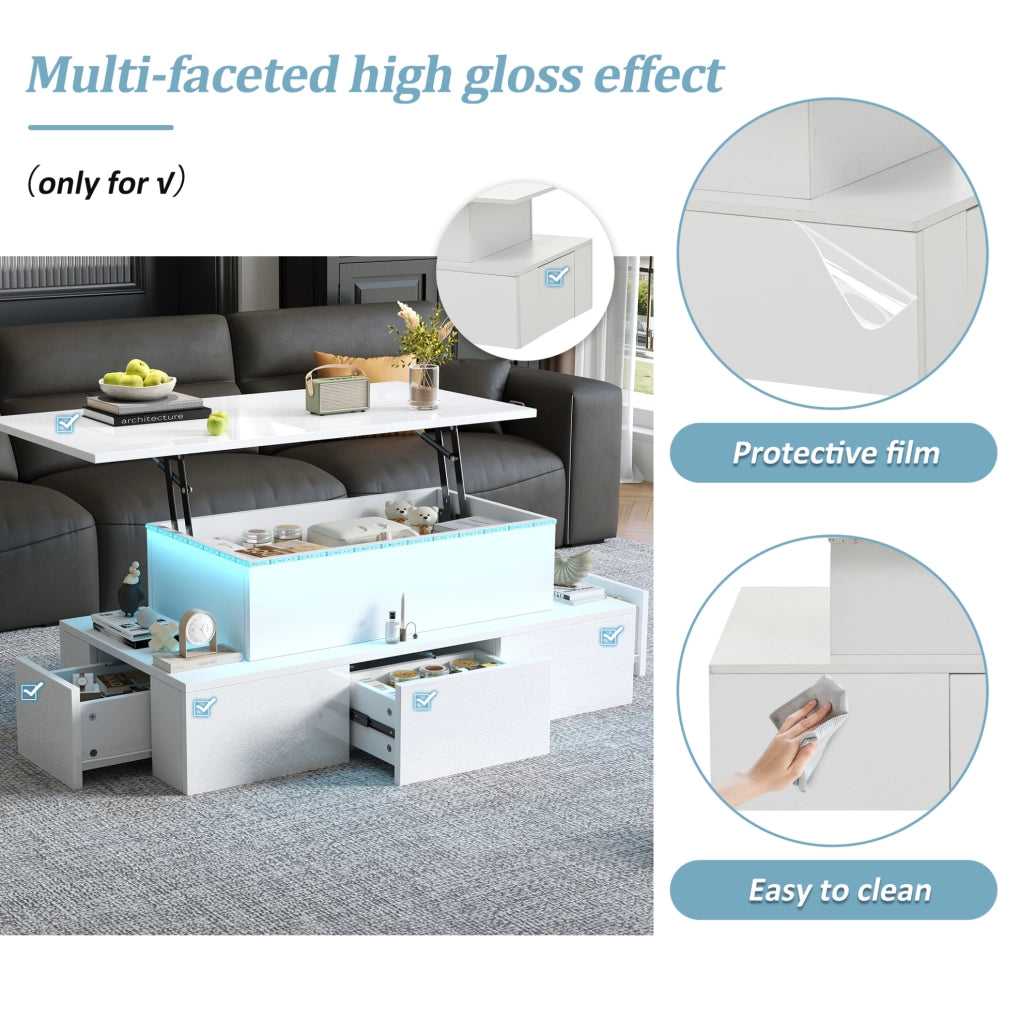 Tavolino da salotto elevabile 100x50x40 cm in MDF bianco lucido con LED e 4 cassetti
