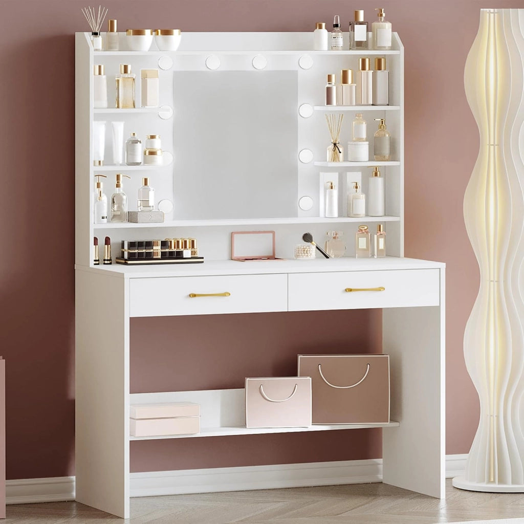 Hzuaneri 100cm Toeletta da Trucco, con specchio e luce LED, Moderno con Specchio, Postazione Make-up con Mensole Aperte e 2 Cassetti, per camera da letto, soggiorno, 40 x 100 x 149 cm, Bianco DT38703X