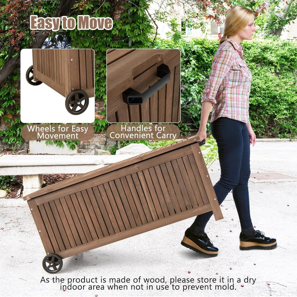 Scatola da giardino in legno, resistente alle intemperie, 213 l, con tasca interna, contenitore con ruote, con coperchio e manico, 114 x 58,5 x 51 cm