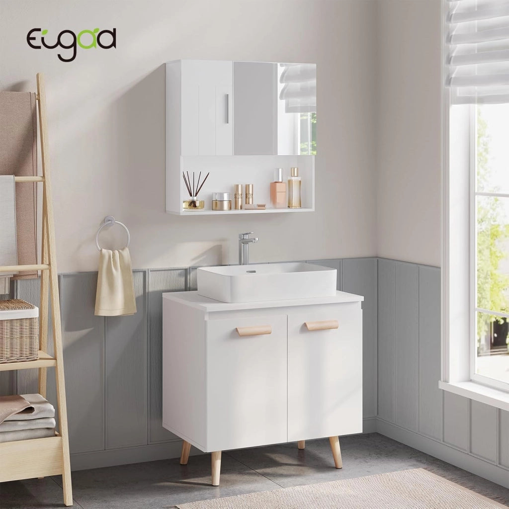 Armadietto da Bagno con Specchio e Anta, Mobiletto Sospeso con 5 Scomparti, Pensile da Cucina, Soggiorno, Camera da Letto, in MDF e Metallo, Bianco