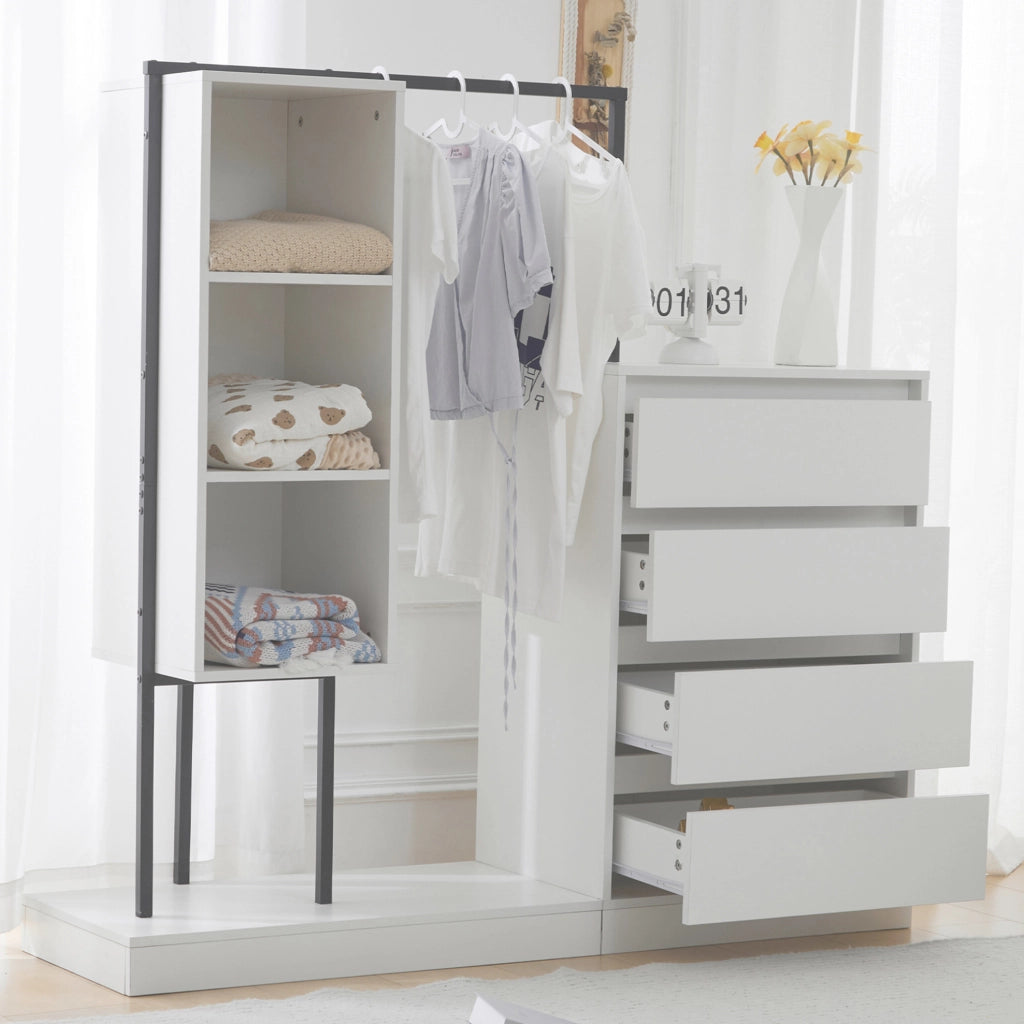 Armadio multiuso con cassetti; ripiani aperti e barra appendiabiti 140x40x135 cm bianco