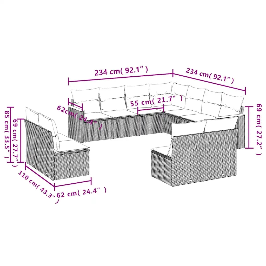 Set Divani da Giardino 11 pz con Cuscini Nero in Polyrattan 3226085