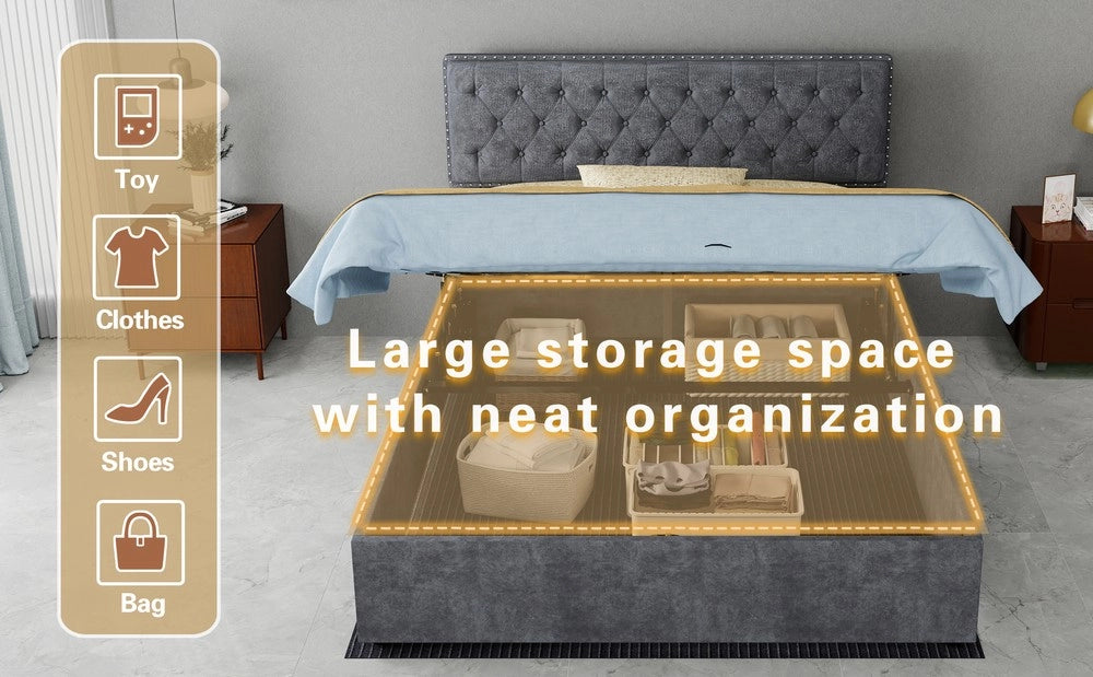 Letto Contenitore Imbottito ¨C MINIMAL ¨C Grigio 140x200 con Materasso