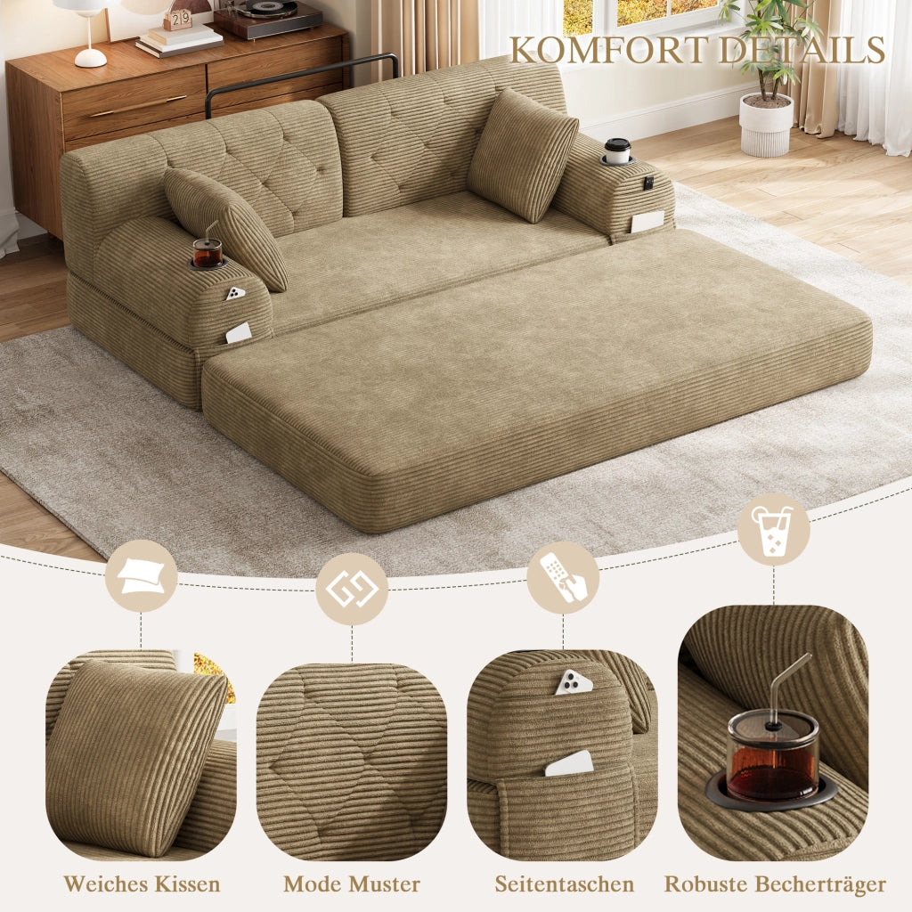 Divano letto 2 posti con schienale alto, tasche laterali e portabicchieri in velluto a coste khaki 168 × 80 × 81 cm