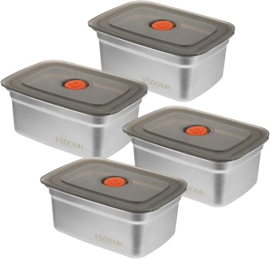 4 pacchi di contenitori per conservazione dei pasti con coperchio, 18 x 13 x 8 cm, acciaio inossidabile, contenitori con coperchio ermetici per pizza, pane, contenitore per la lievitazione, 1500 ml