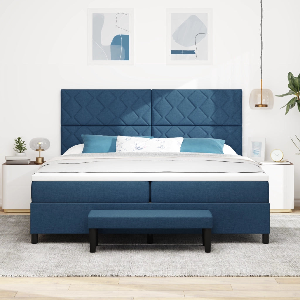 Letto con Box Spring e Materasso & Panchina Blu 200x200 cm Tessuto