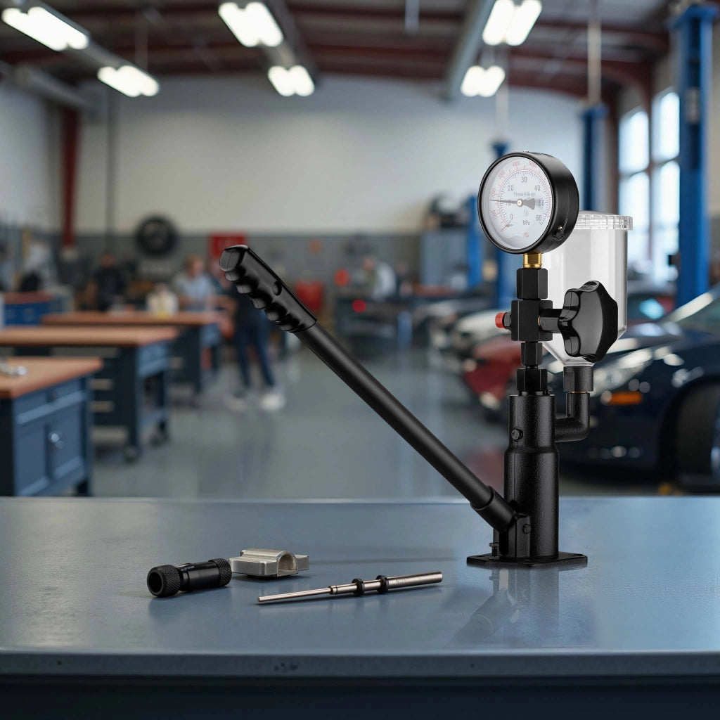 Tester per iniettori diesel, revisione ugelli di iniezione, manometro 0-600 bar, con adattatori, leva manuale, per controllo, calibrazione, regolazione della tenuta