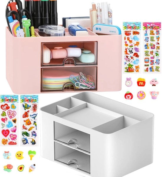 Organizzatore da ufficio 2 in 1 con cassetta, organizzatore da ufficio per penne, accessori da ufficio con 5 comparti, organizzatore multifunzionale per penne, ufficio, casa, scuola (bianco + rosa)