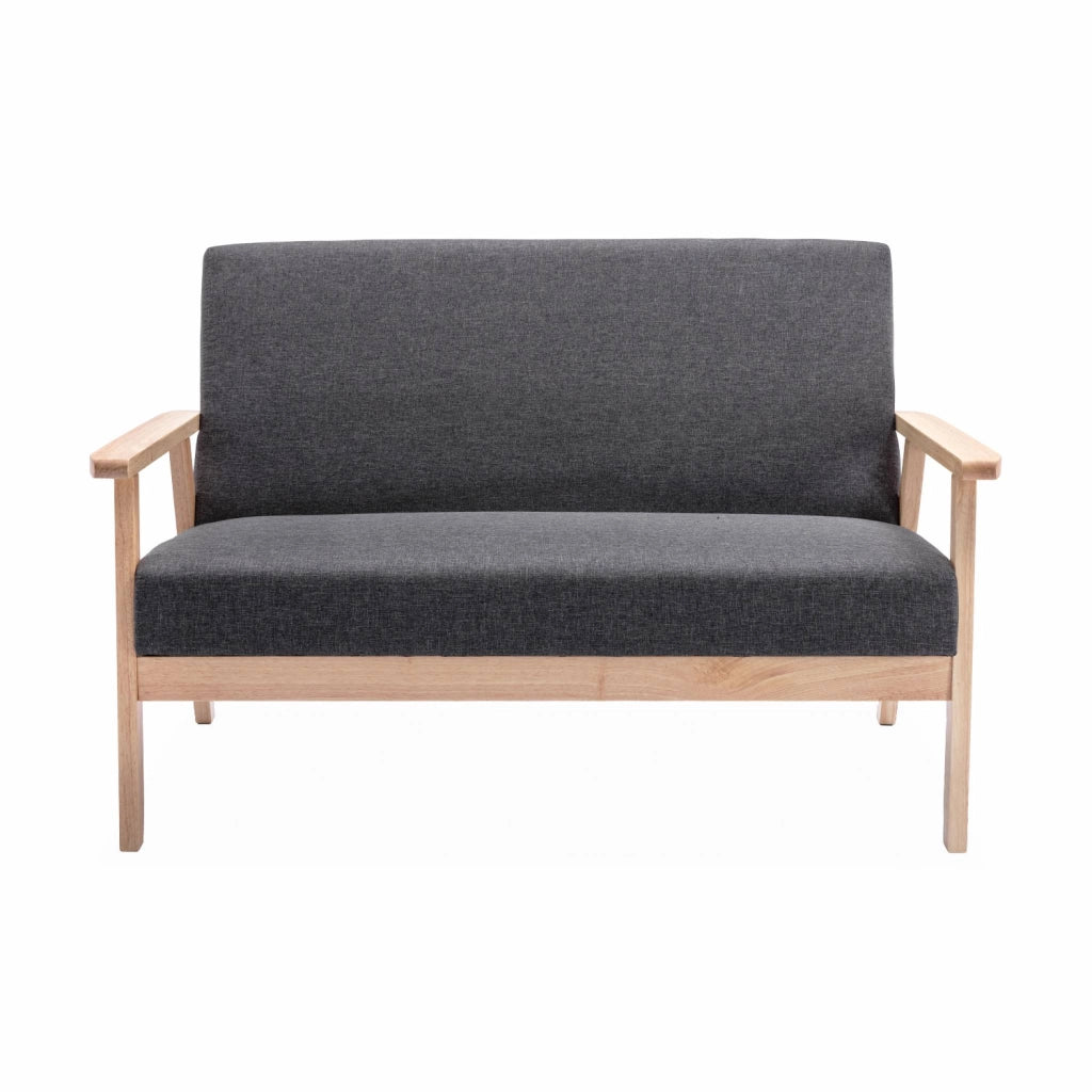 Set panca e poltrona in legno e tessuto, 3 posti, grigio scuro