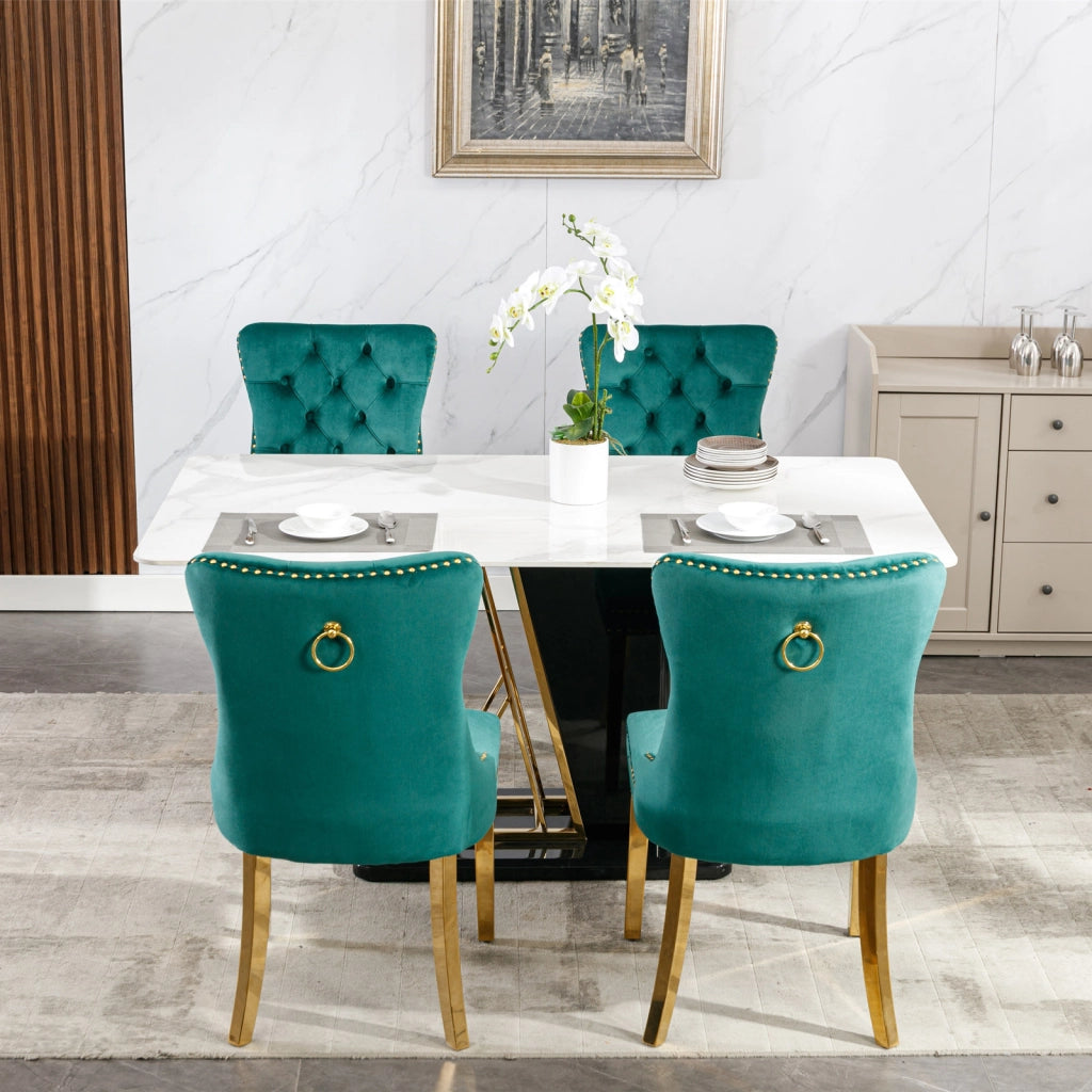 Sedie da Pranzo Imbottite in Velluto Verde ¨C MINIMAL ¨C Set 2, Gambe Dorate, Legno Massello