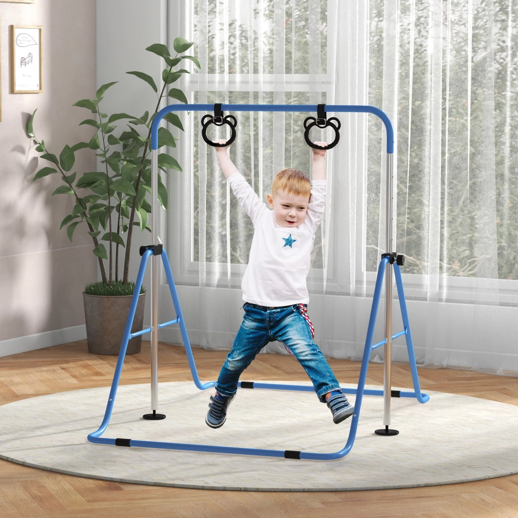 Sbarra Ginnastica Artistica per Bambini ad Altezza Regolabile con 2 Anelli, in Acciaio, 148x105x88-128 cm, Blu