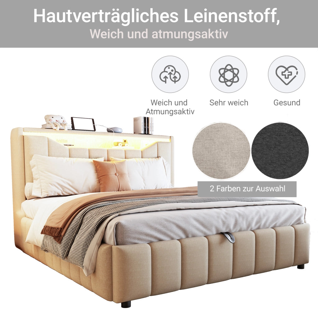 Letto contenitore 140 × 200 cm con sistema idraulico, LED, USB e USB-C, testiera con vani, senza materasso, beige