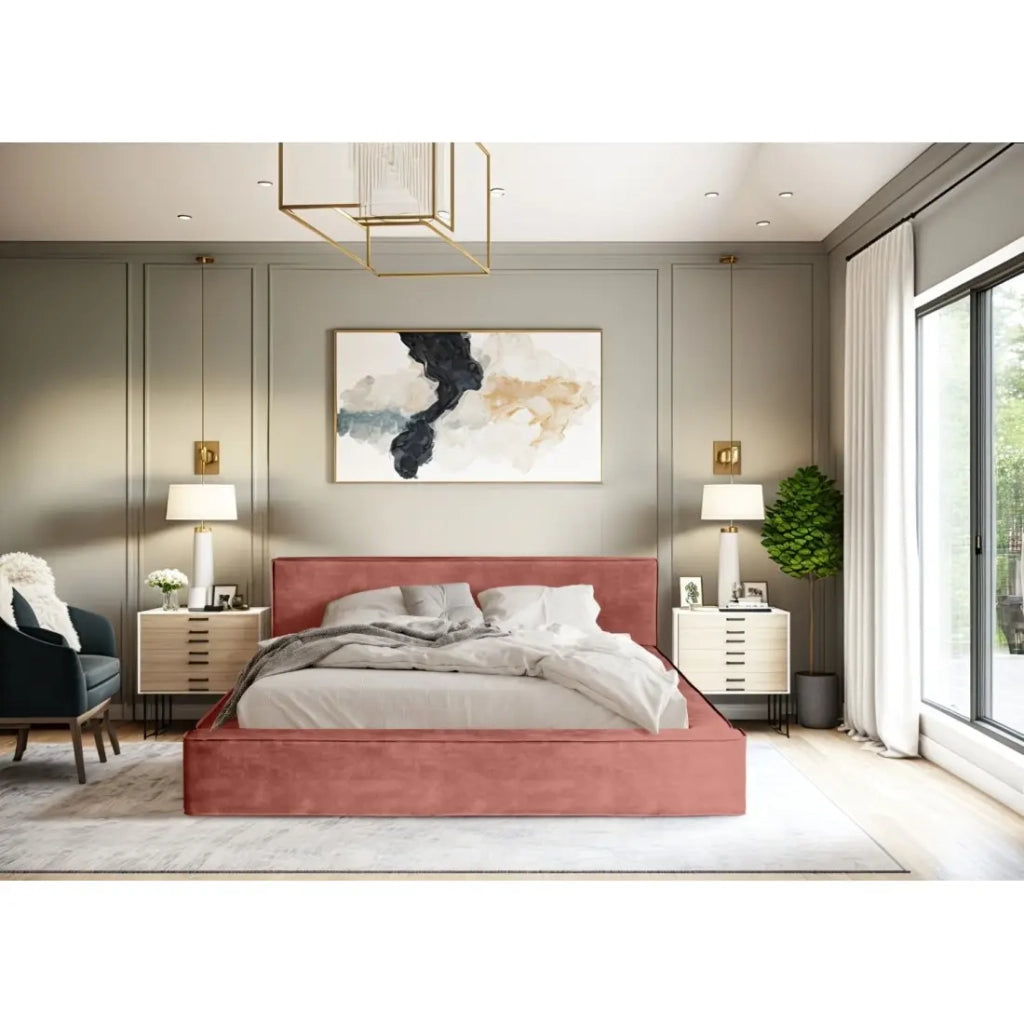 Letto contenitore VELORA – Corallo – 160x200 cm – Tessuto velluto morbido – Rete sollevabile – Contenitore integrato