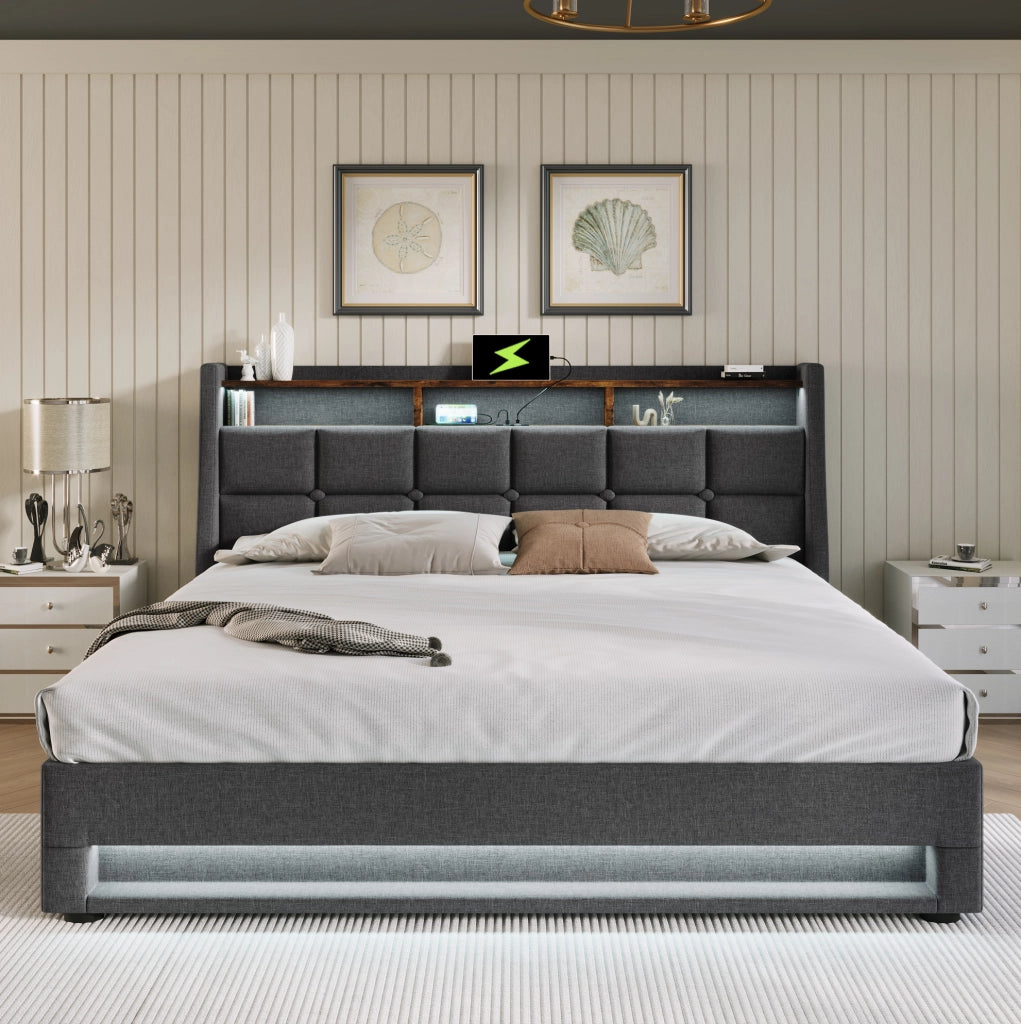Letto matrimoniale imbottito 180x200 cm con LED e USB, grigio
