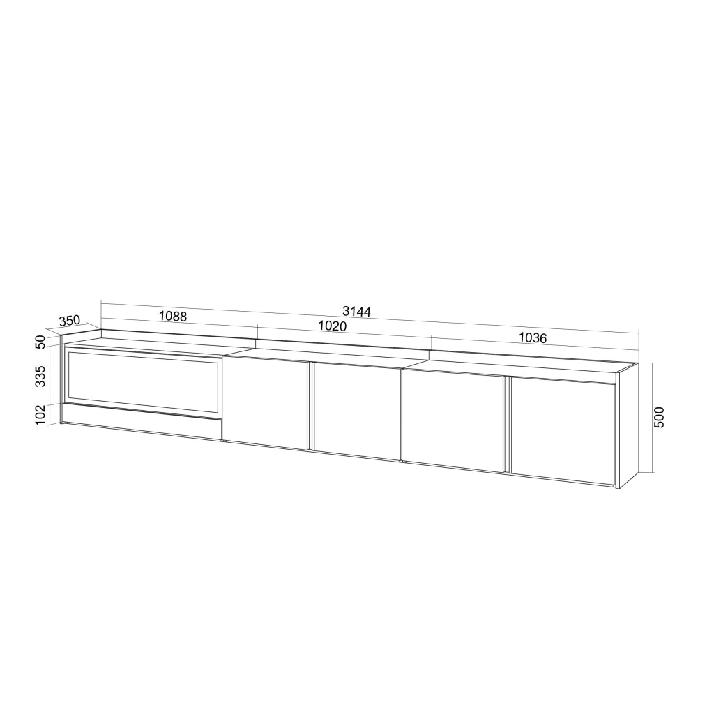 Mobile TV Soggiorno, 315x50x35 cm, Per TV fino a 80", Camino elettrico XXL, Sospeso, da appendere, Bianco e Rovere soft
