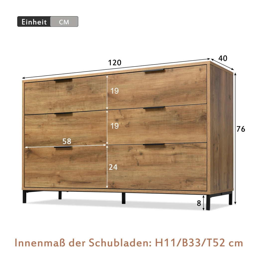 Cassettiera con 6 Cassetti e Piedini Regolabili per Camera e Soggiorno in Pannello Truciolare 120 x 40 x 76 cm Rovere Scuro