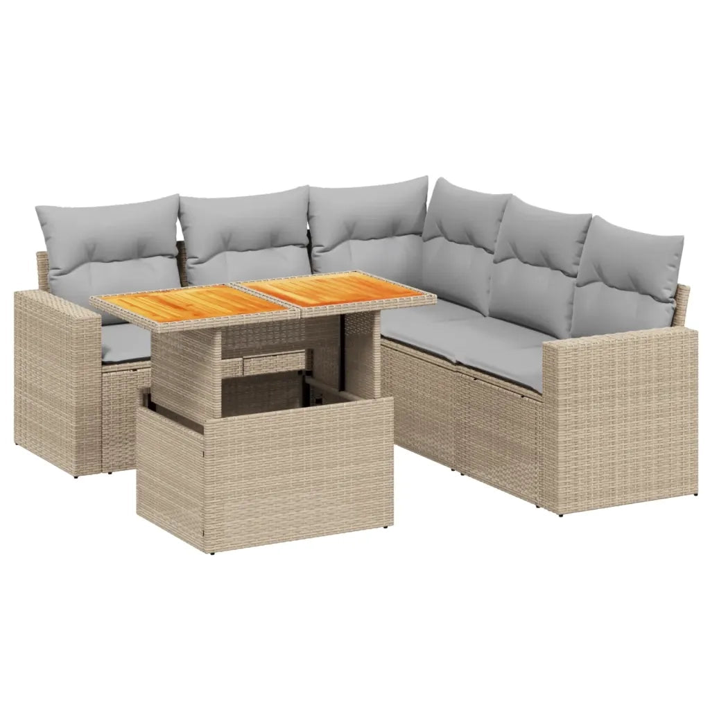 Set Divano da Giardino 6 pz con Cuscini Beige in Polyrattan