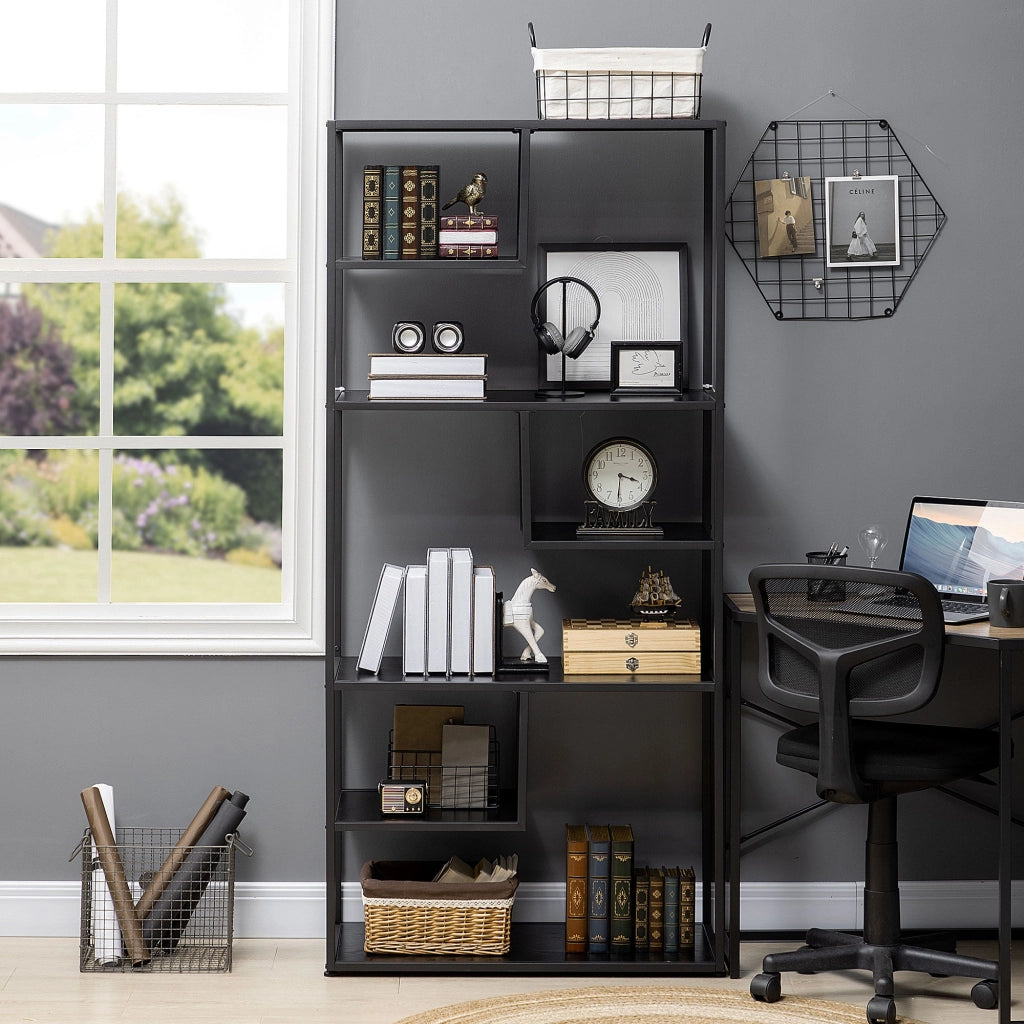 Libreria a 7 Livelli 83x34x180 cm  in Truciolato e Acciaio Nero