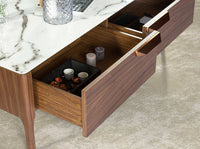 Tavolino rettangolare in vetro a imitazione del marmo e del noce