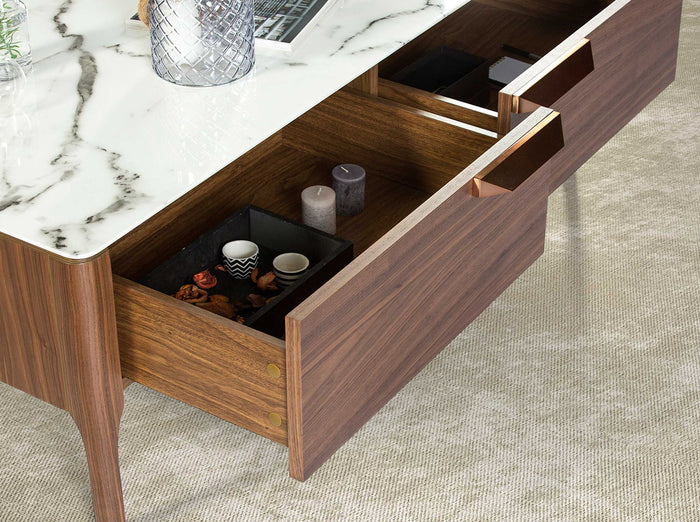 Tavolino rettangolare in vetro a imitazione del marmo e del noce