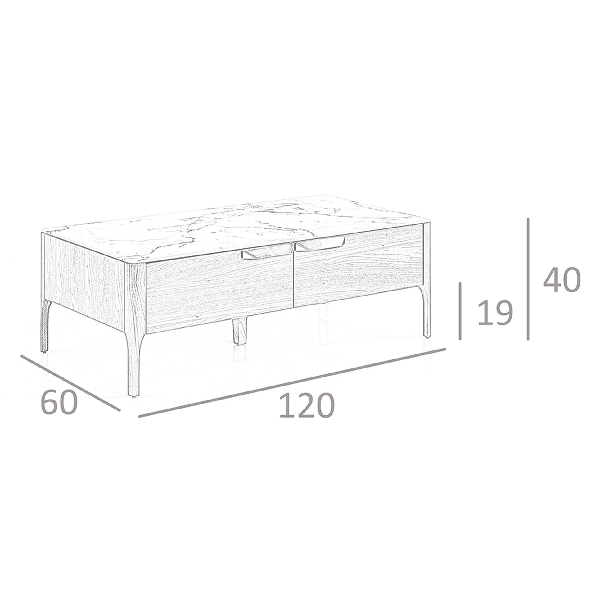 Tavolino rettangolare in vetro a imitazione del marmo e del noce