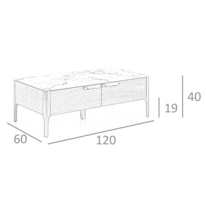 Tavolino rettangolare in vetro a imitazione del marmo e del noce