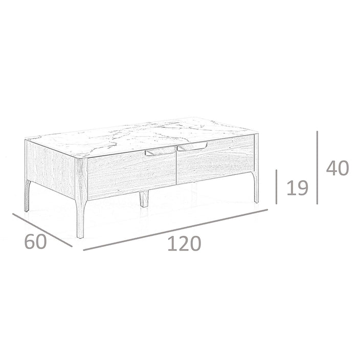 Tavolino rettangolare in vetro a imitazione del marmo e del noce
