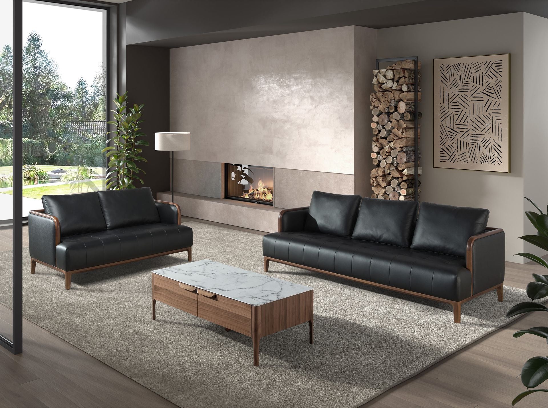 Tavolino rettangolare in vetro a imitazione del marmo e del noce