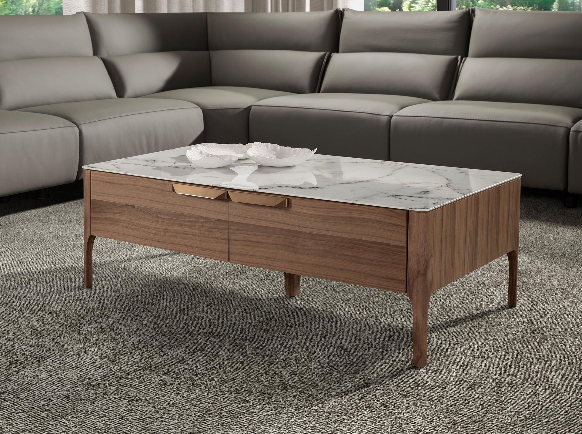 Tavolino rettangolare in vetro a imitazione del marmo e del noce