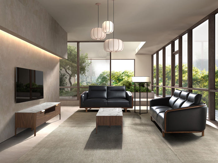 Tavolino rettangolare in vetro a imitazione del marmo e del noce