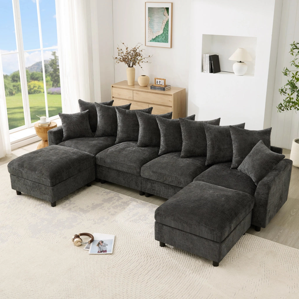 Divano modulare angolare a U e L con porte USB e Type C, cuscini regolabili in chenille grigia 283 × 153,5 × 78,5 cm