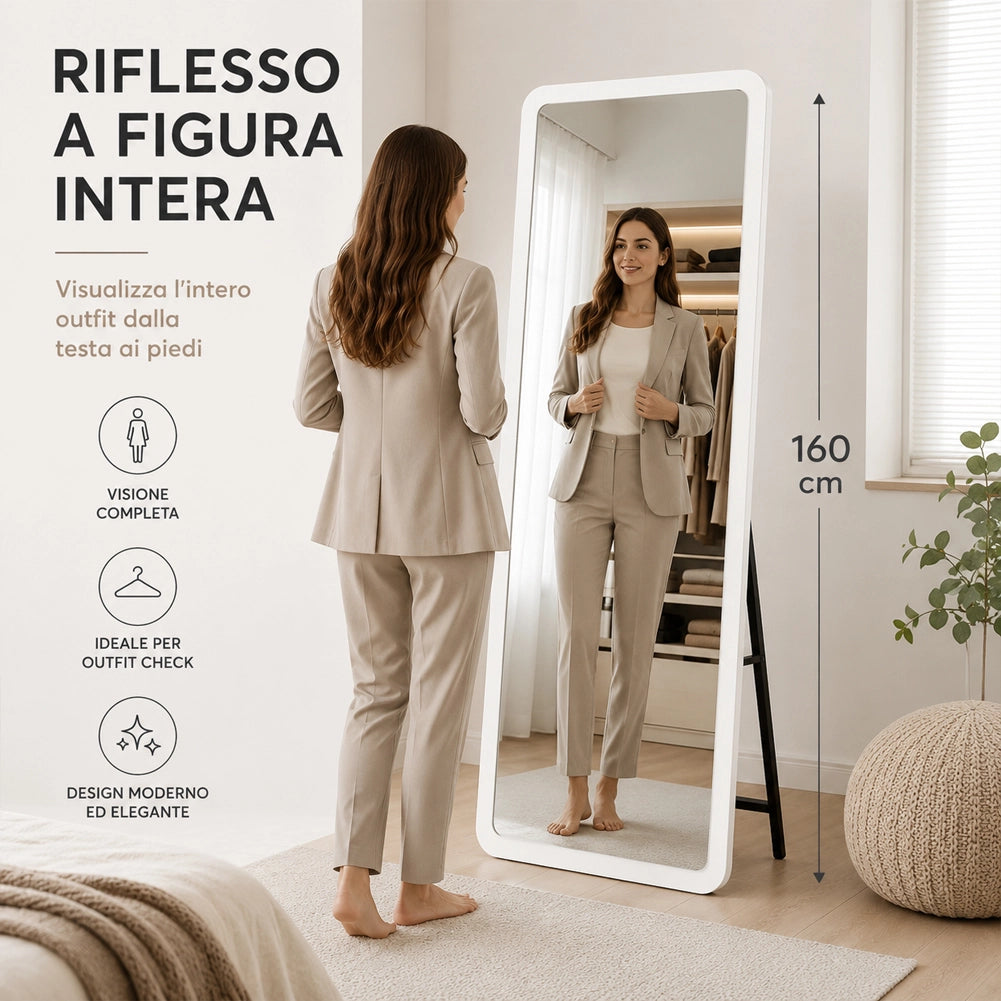 Specchio Doppia Installazione Bianco Parete o Indipendente Moderno 160x50 cm