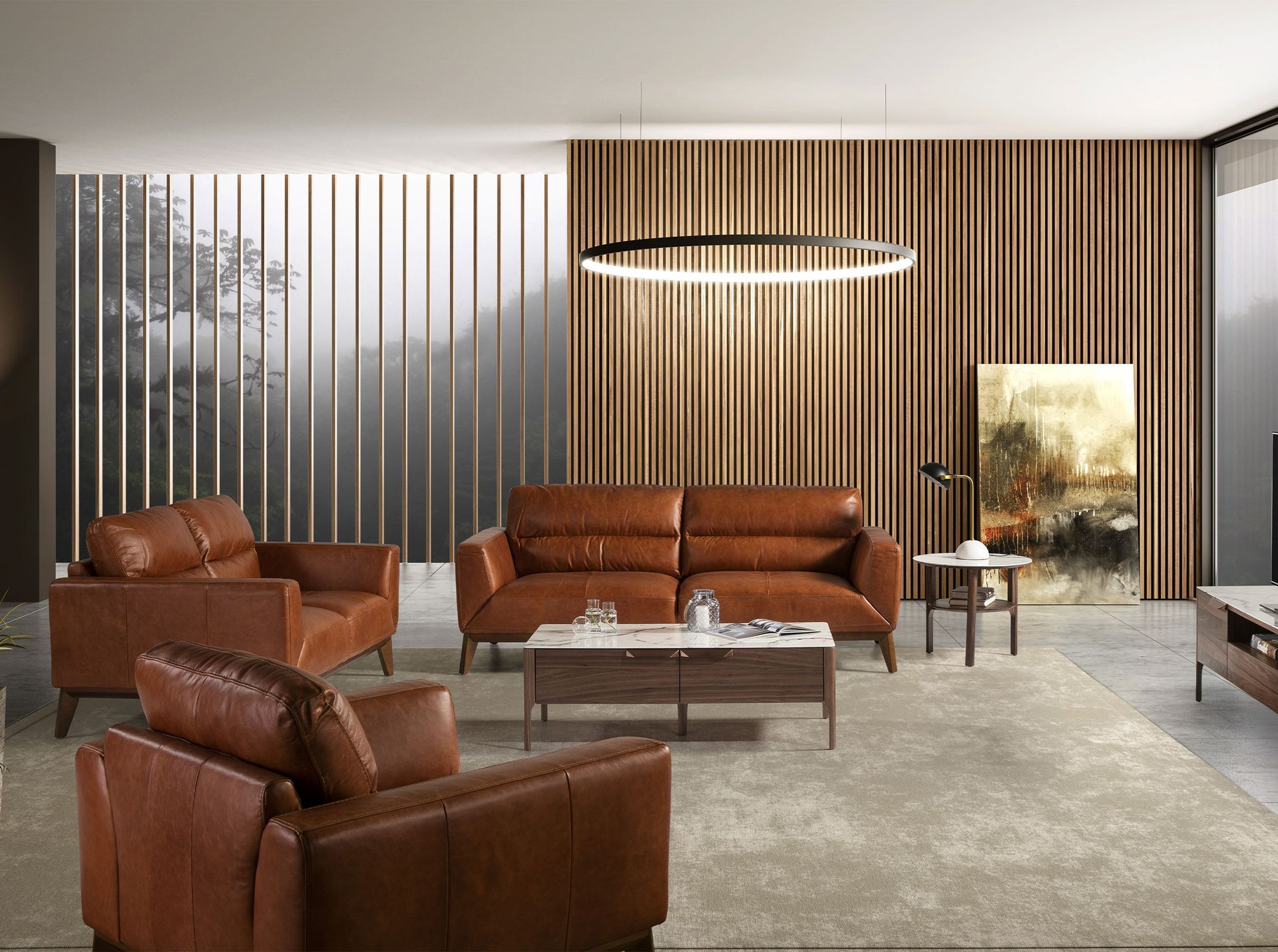 Tavolo d'angolo rotondo in marmo porcellanato e noce