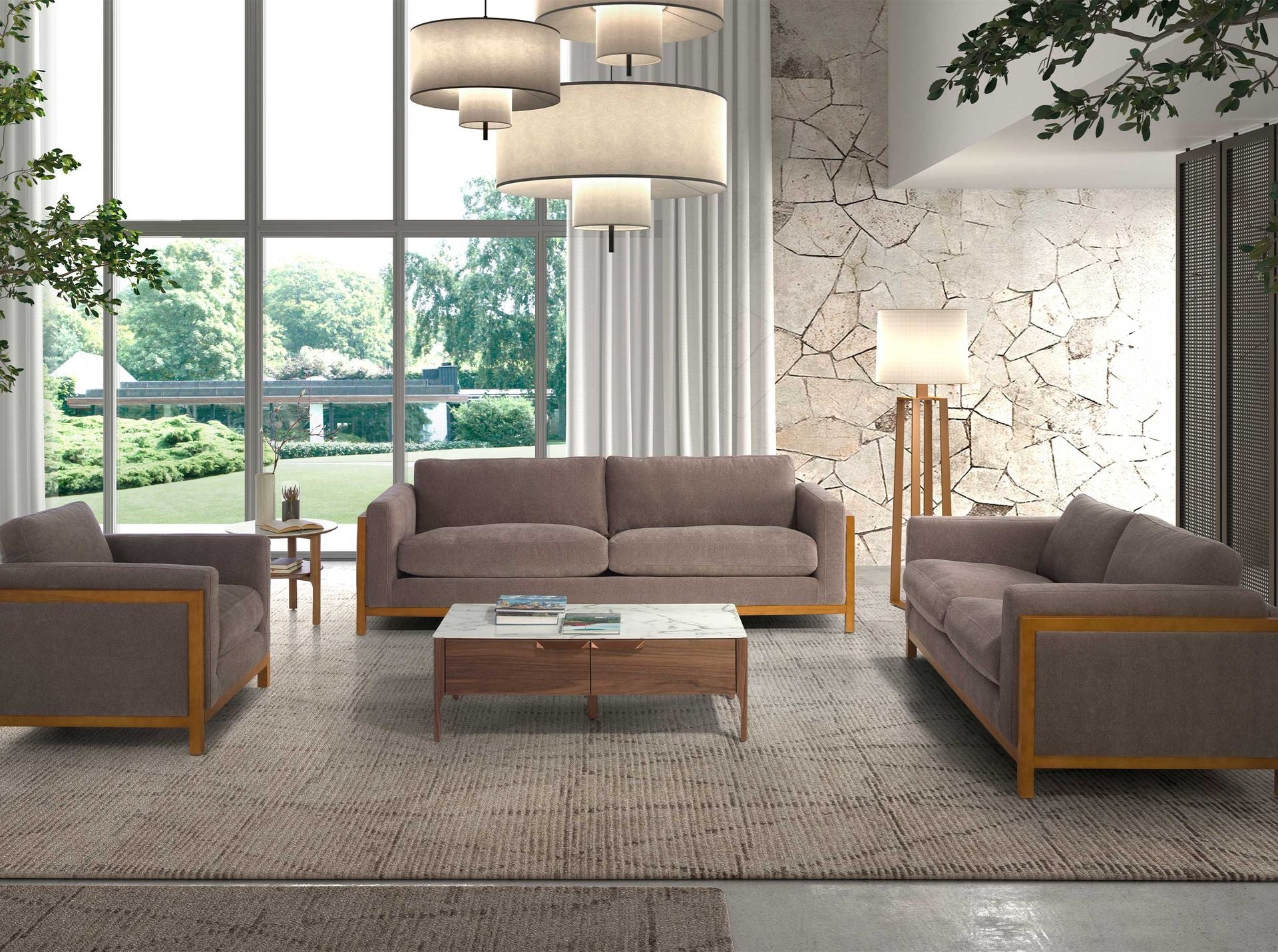 Tavolo d'angolo rotondo in marmo porcellanato e noce