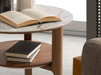 Tavolo d'angolo rotondo in marmo porcellanato e noce