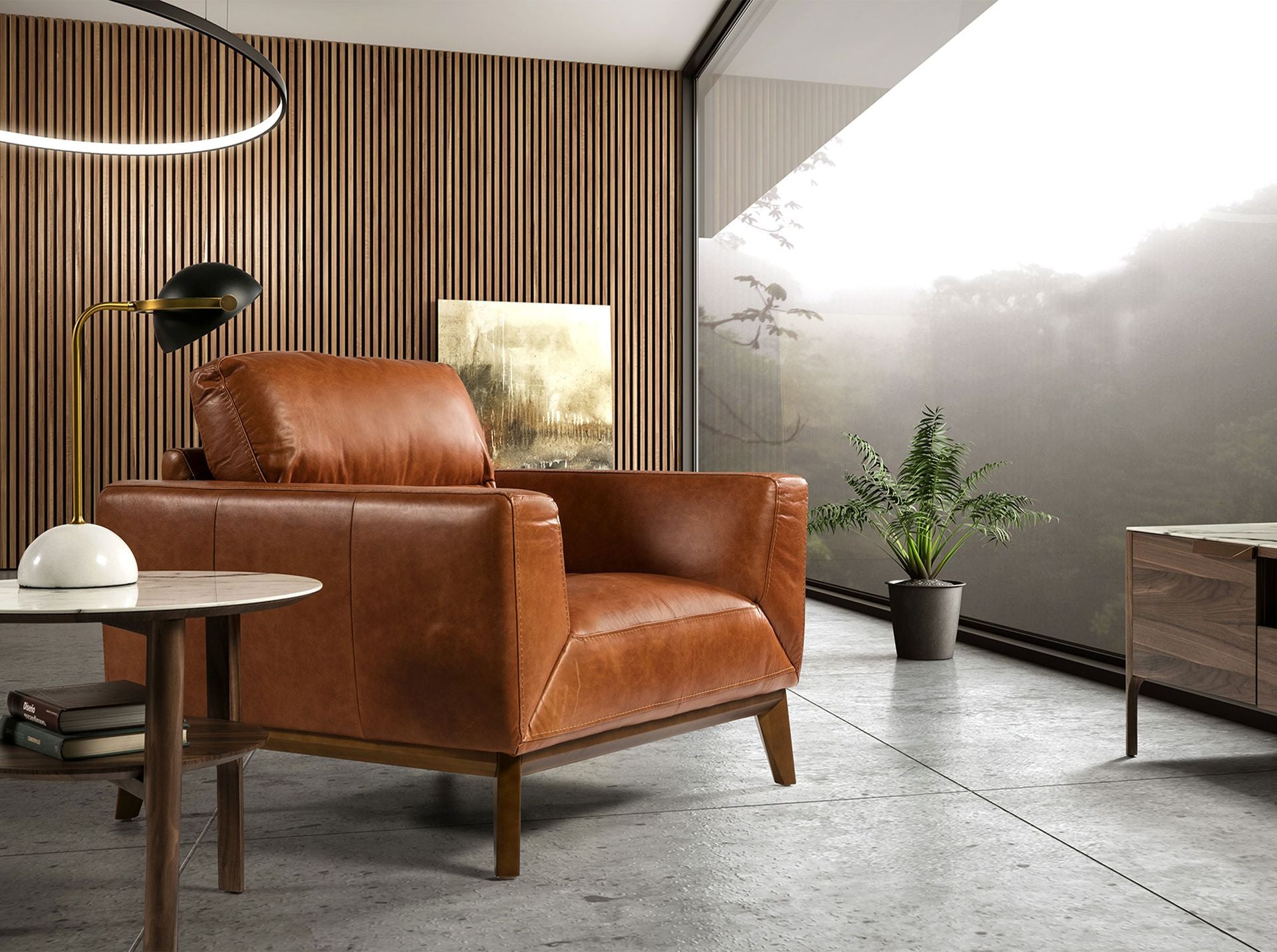 Tavolo d'angolo rotondo in marmo porcellanato e noce