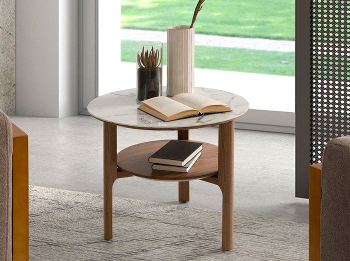 Tavolo d'angolo rotondo in marmo porcellanato e noce